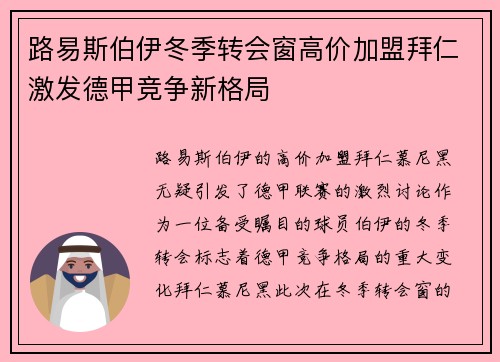 路易斯伯伊冬季转会窗高价加盟拜仁激发德甲竞争新格局